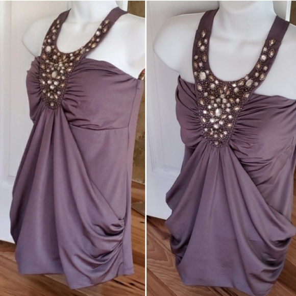 Studio Y Tops - Studio Y Flattering Blouse Crystal Neckline with ties purplish gray New